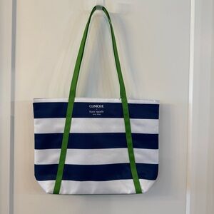 Clinique x Kate Spade Navy and White Striped Tote with Green Handles